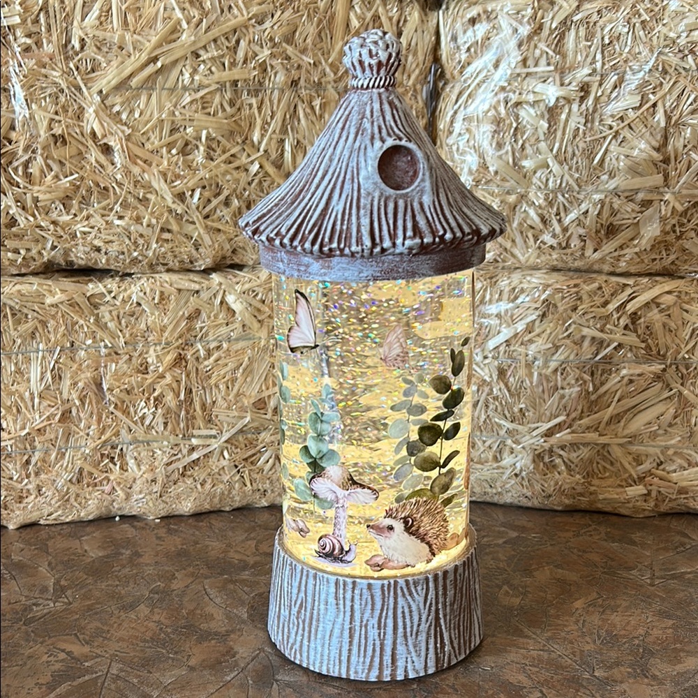 Rustic Brown Glitter Lantern with Hedgehog Design